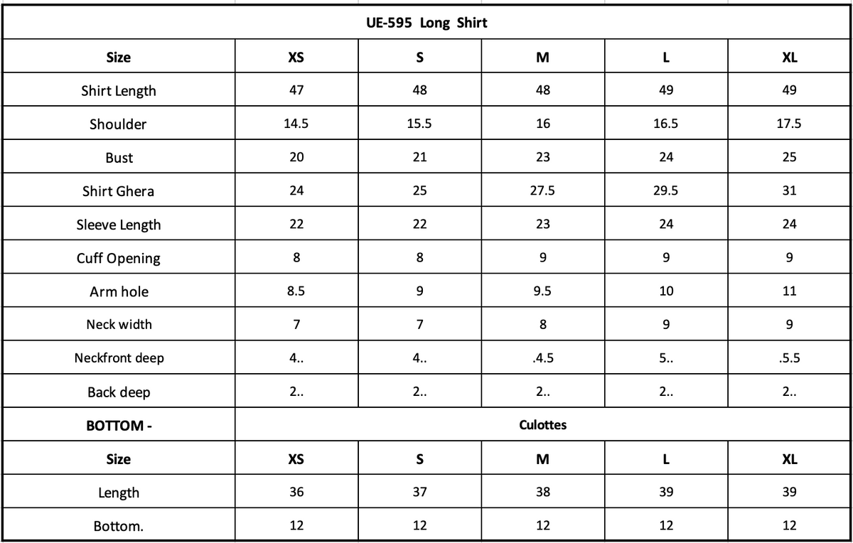 Size Chart (inches)