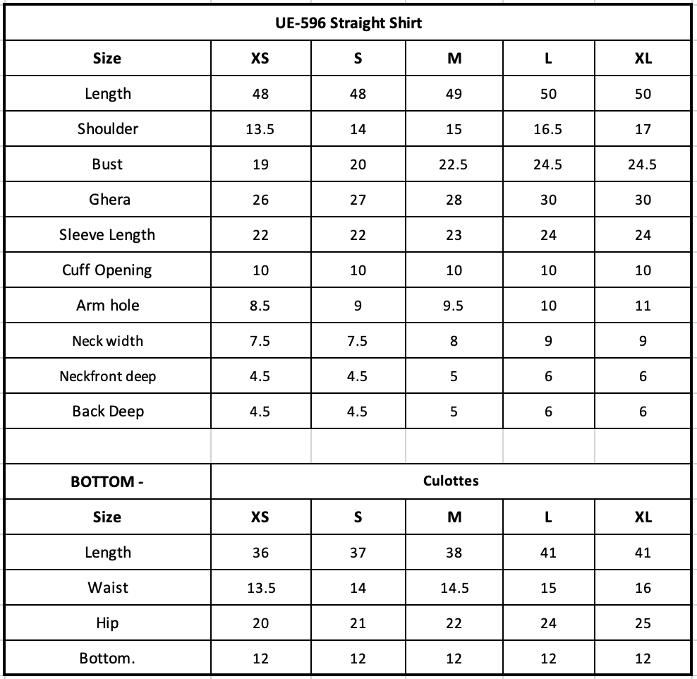 Size Chart (inches)