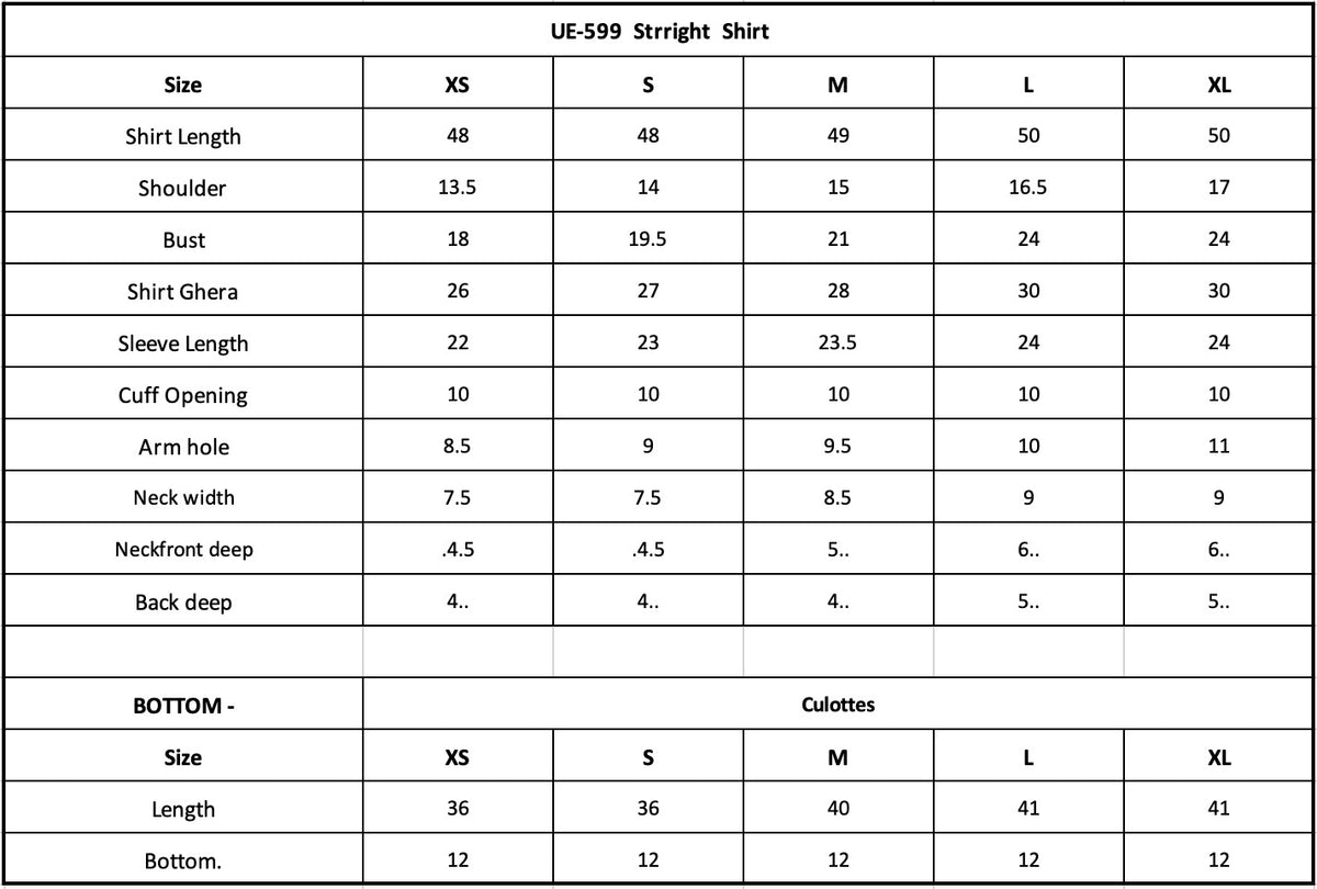 Size Chart (inches)