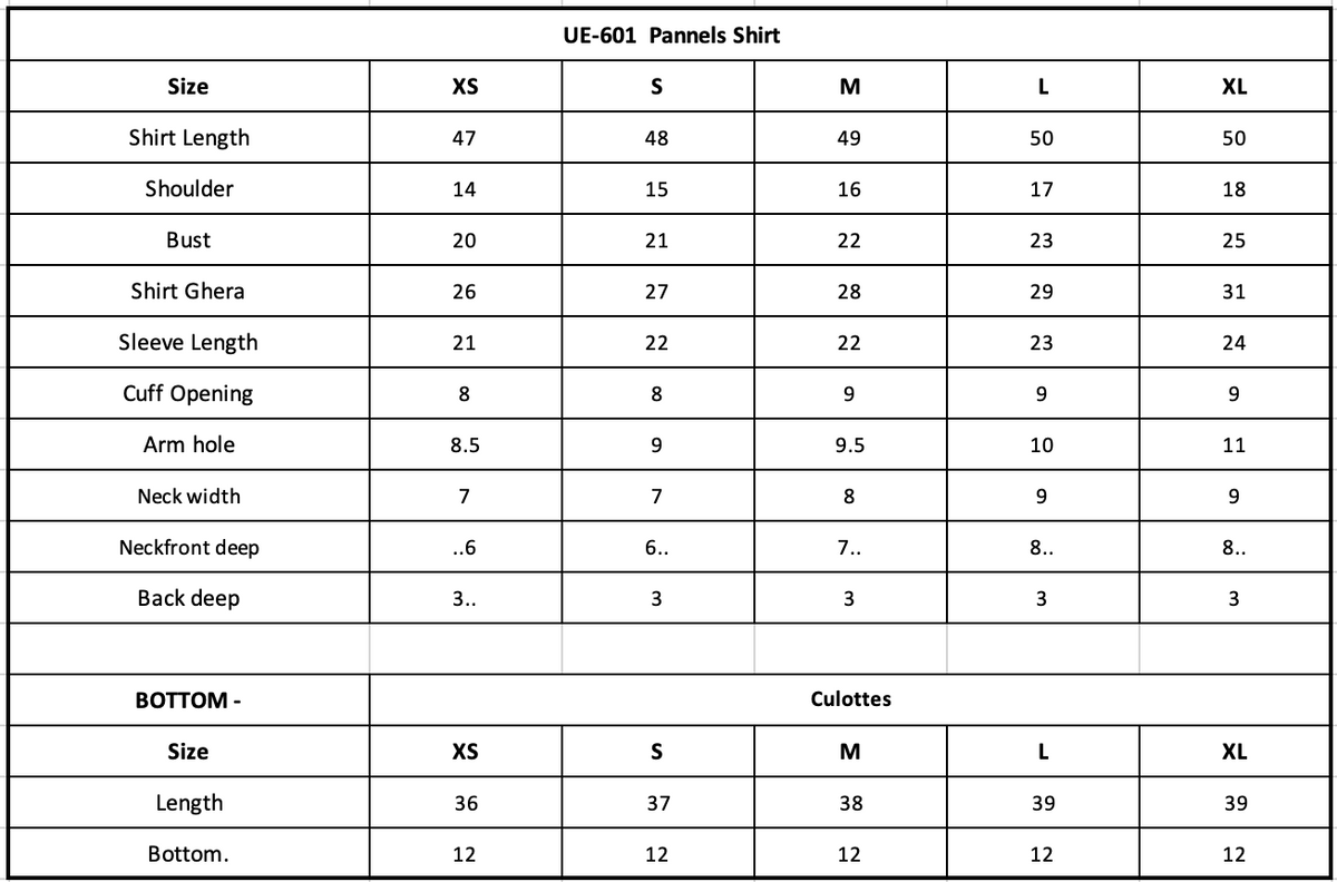 Size Chart (inches)