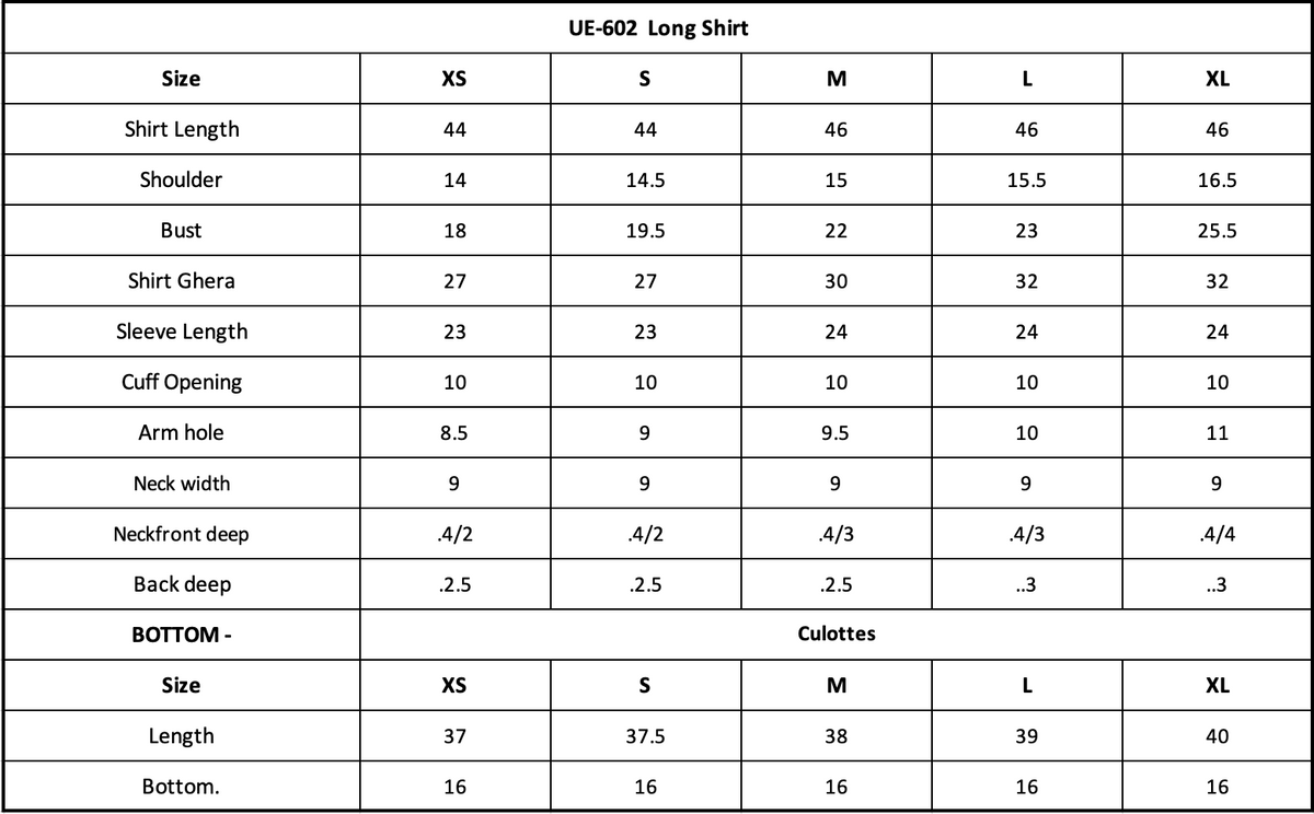 Size Chart (inches)