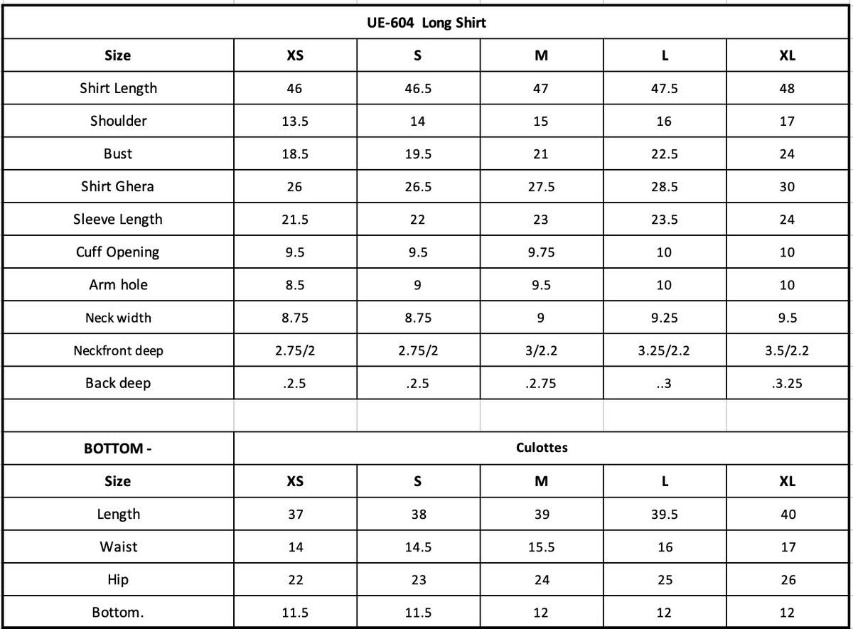 Size Chart (inches)
