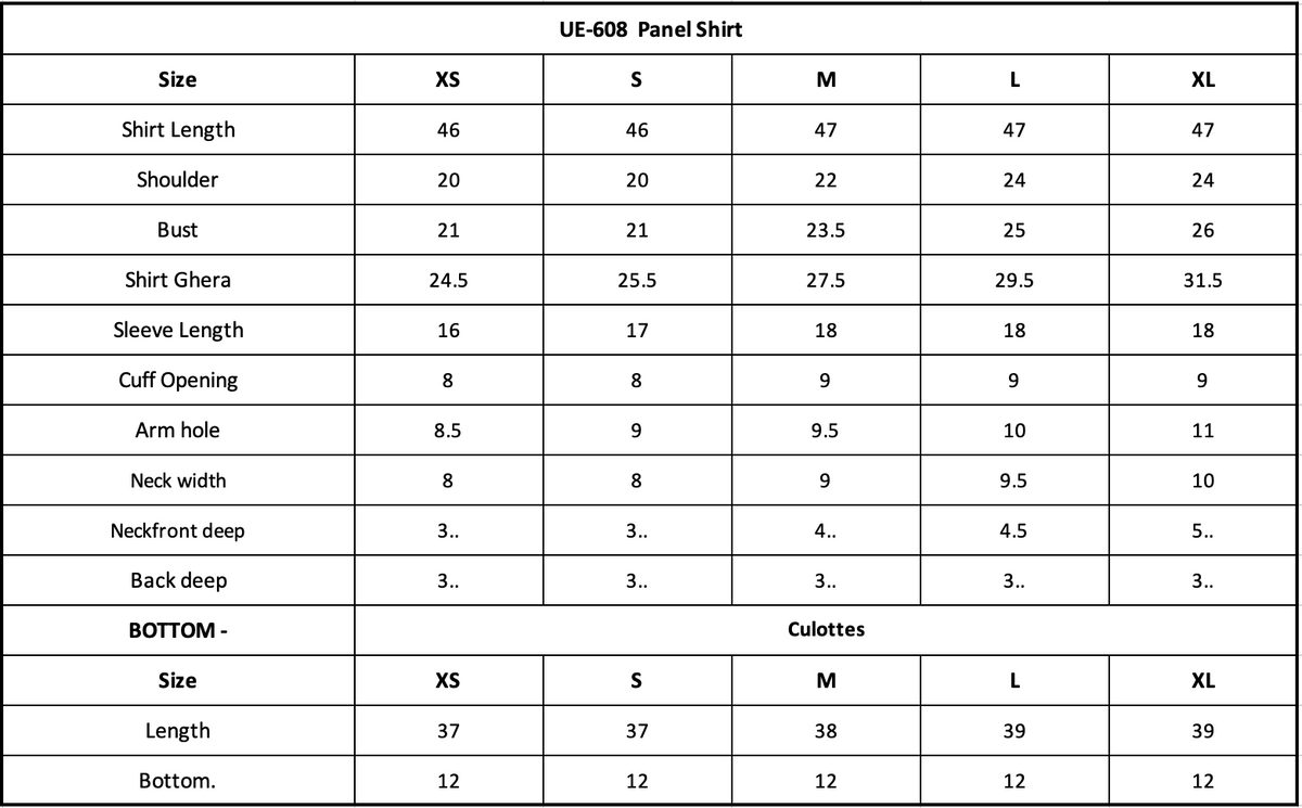 Size Chart (inches)