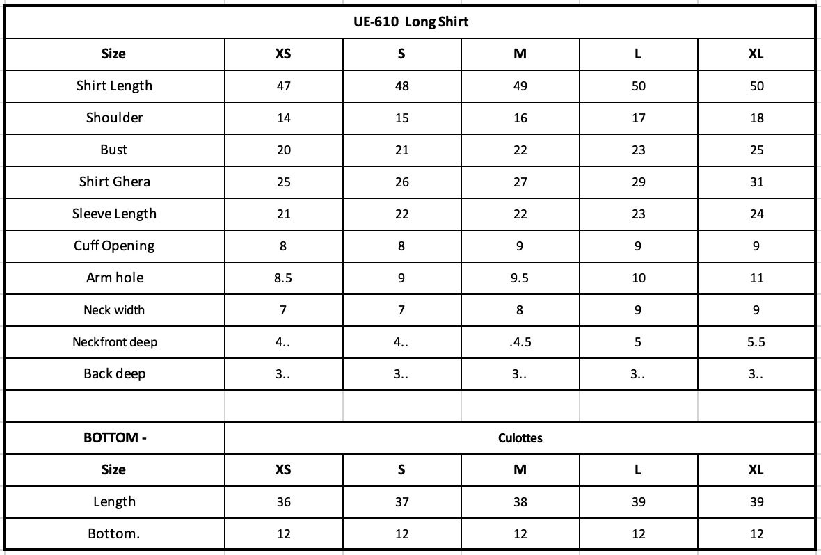 Size Chart (inches)