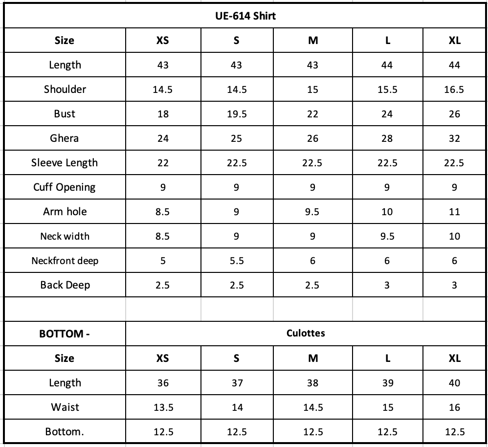 Size Chart (inches)