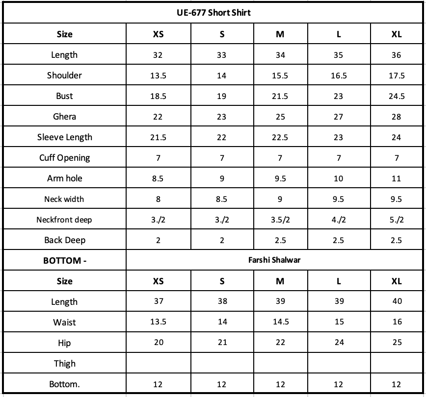 Size Chart (inches)