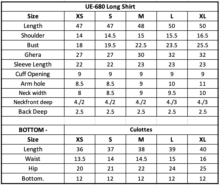 Size Chart (inches)