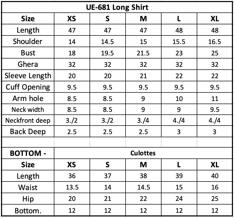Size Chart (inches)