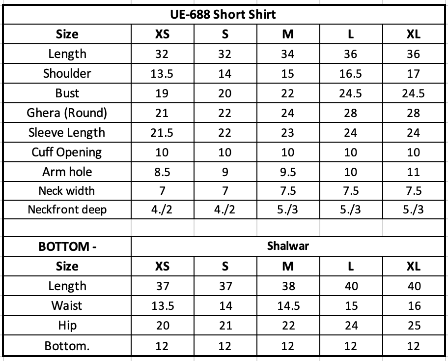Size Chart (inches)