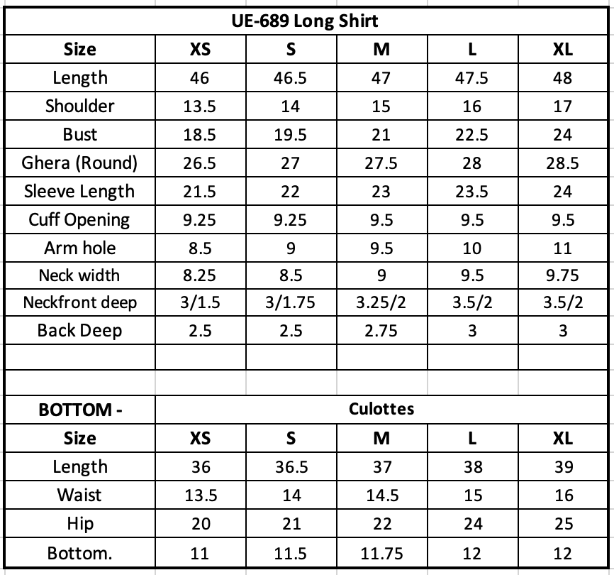 Size Chart (inches)