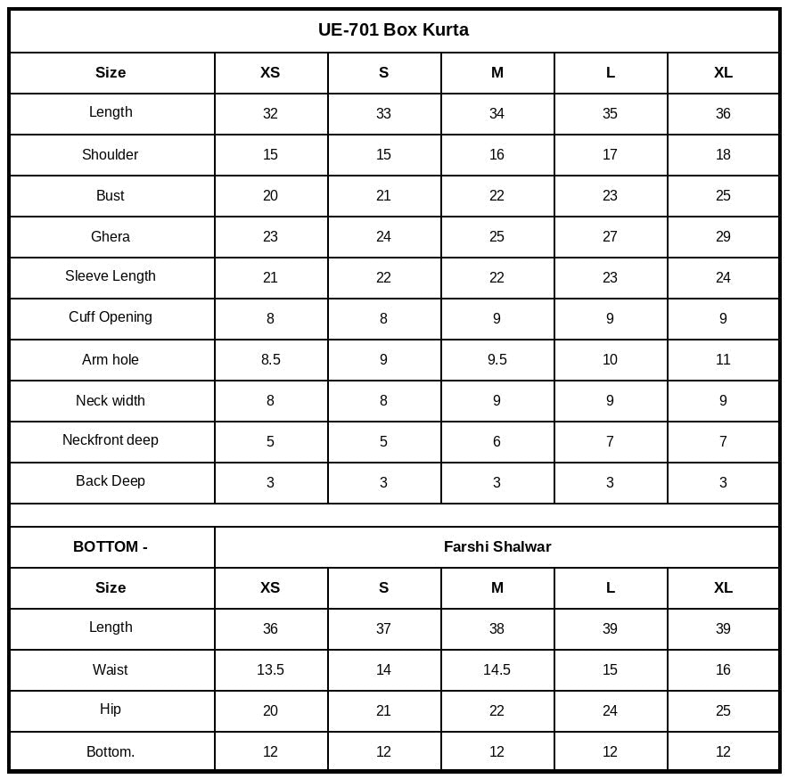 Size Chart (inches)