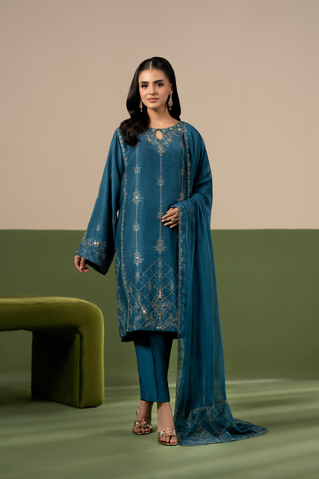 3 Piece Raw Silk Embroidered Unstitched Suit (UF0045)