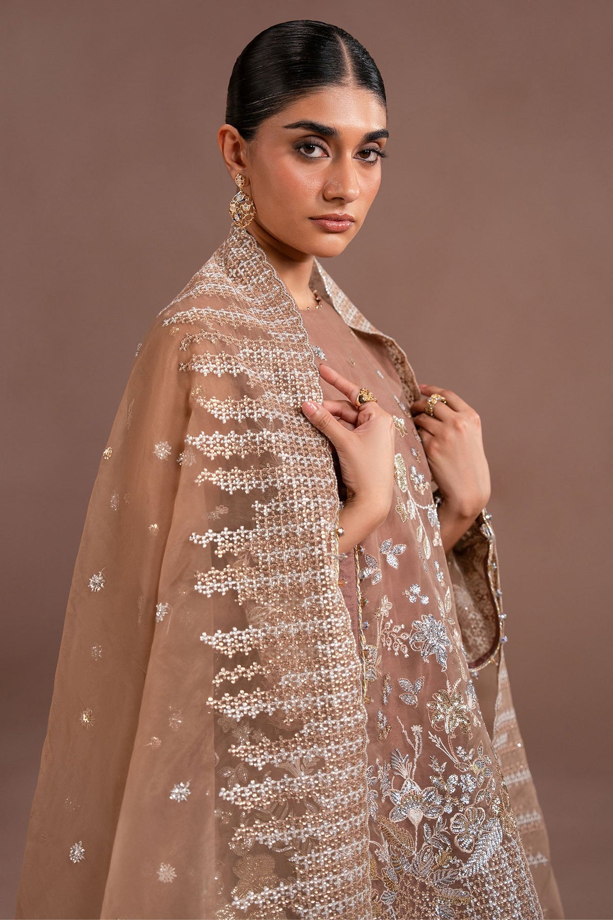 ETHEREAL TAUPE-4PC ORGANZA EMBROIDERED SUIT