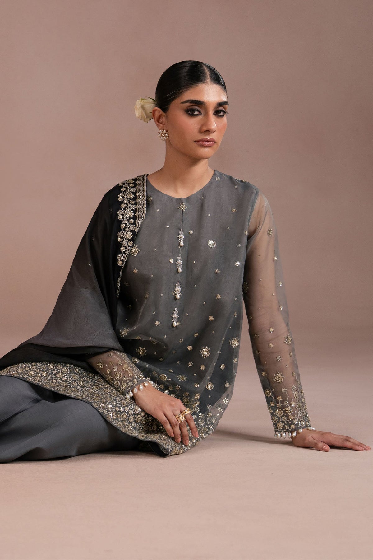 SMOKED LUXE-4PC ORGANZA EMBROIDERED SUIT