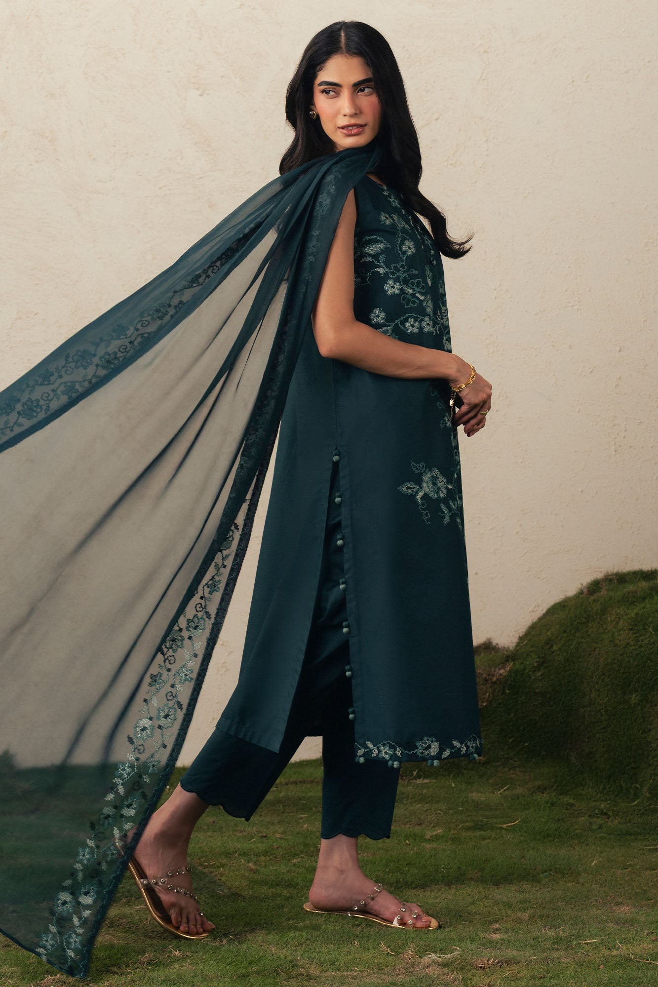 EMERALD TEAL-3PC EMBROIDERED SUIT