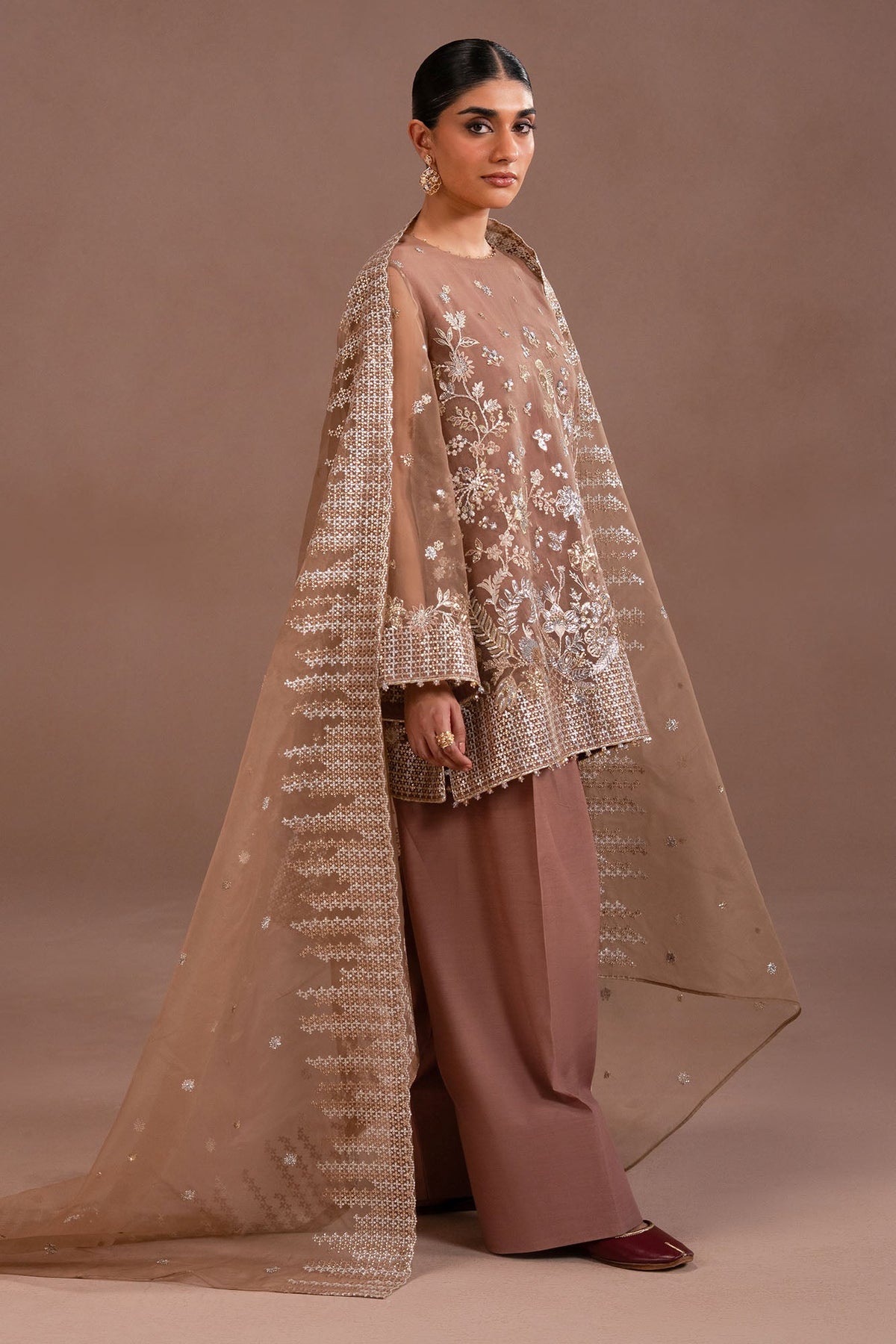 ETHEREAL TAUPE-4PC ORGANZA EMBROIDERED SUIT