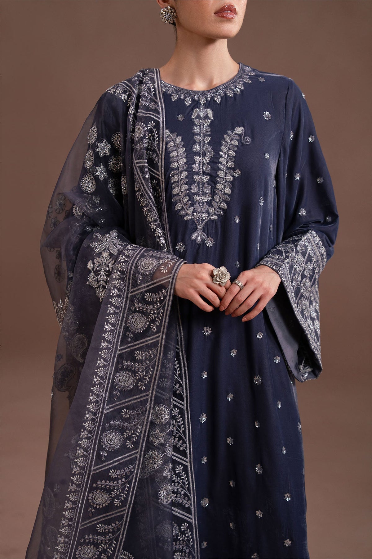 CHARCOAL GRACE- 4PC  VELVET EMBROIDERED SUIT