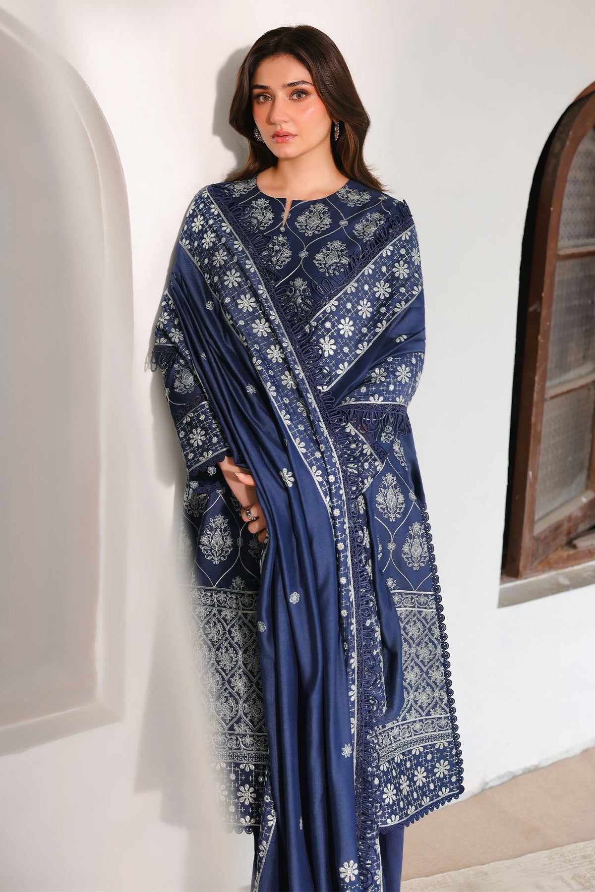 OBSIDIAN BLUE-3PC SATIN EMBROIDERED SUIT