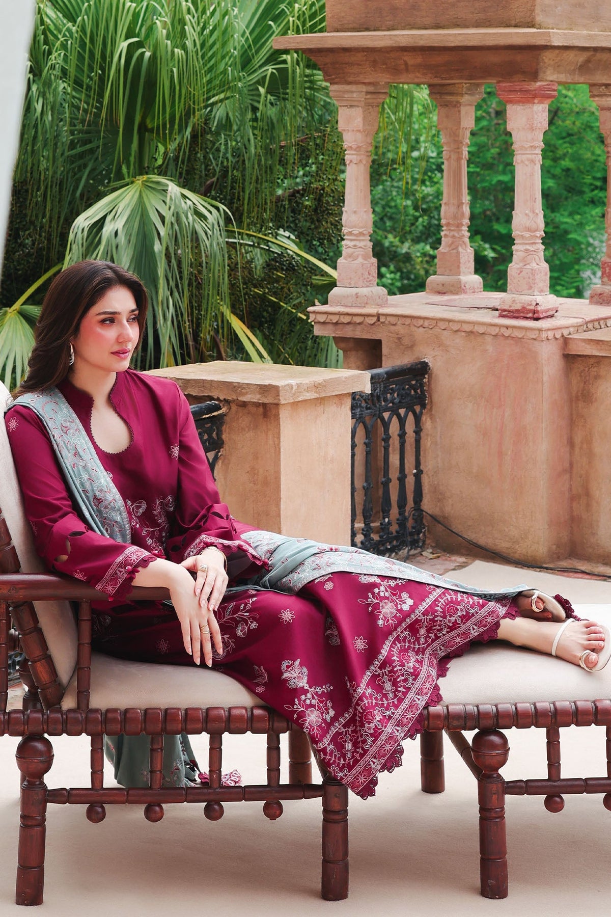 VERMILLION WOOD-3PC SATIN EMBROIDERED SUIT
