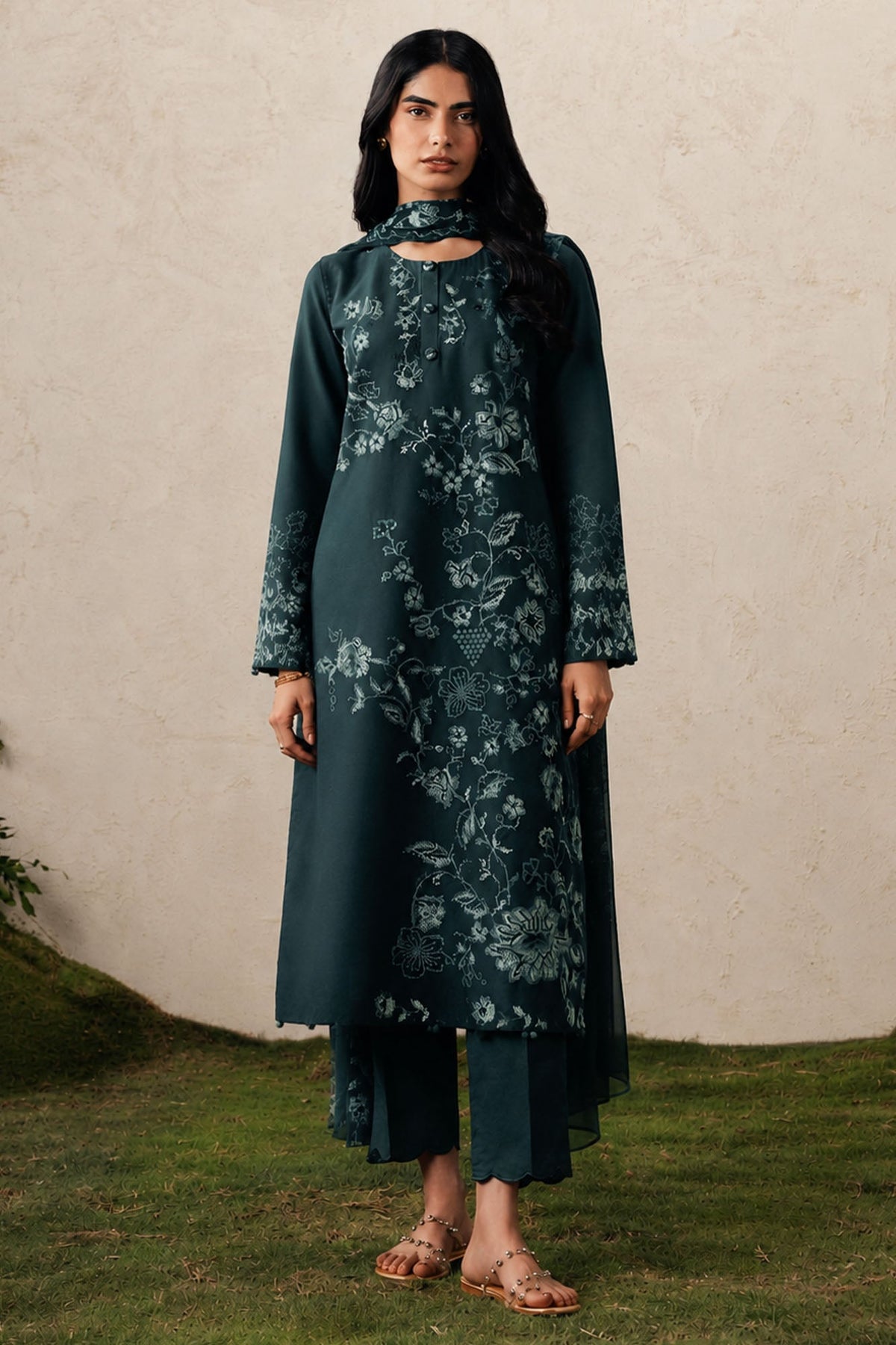 EMERALD TEAL-3PC EMBROIDERED SUIT