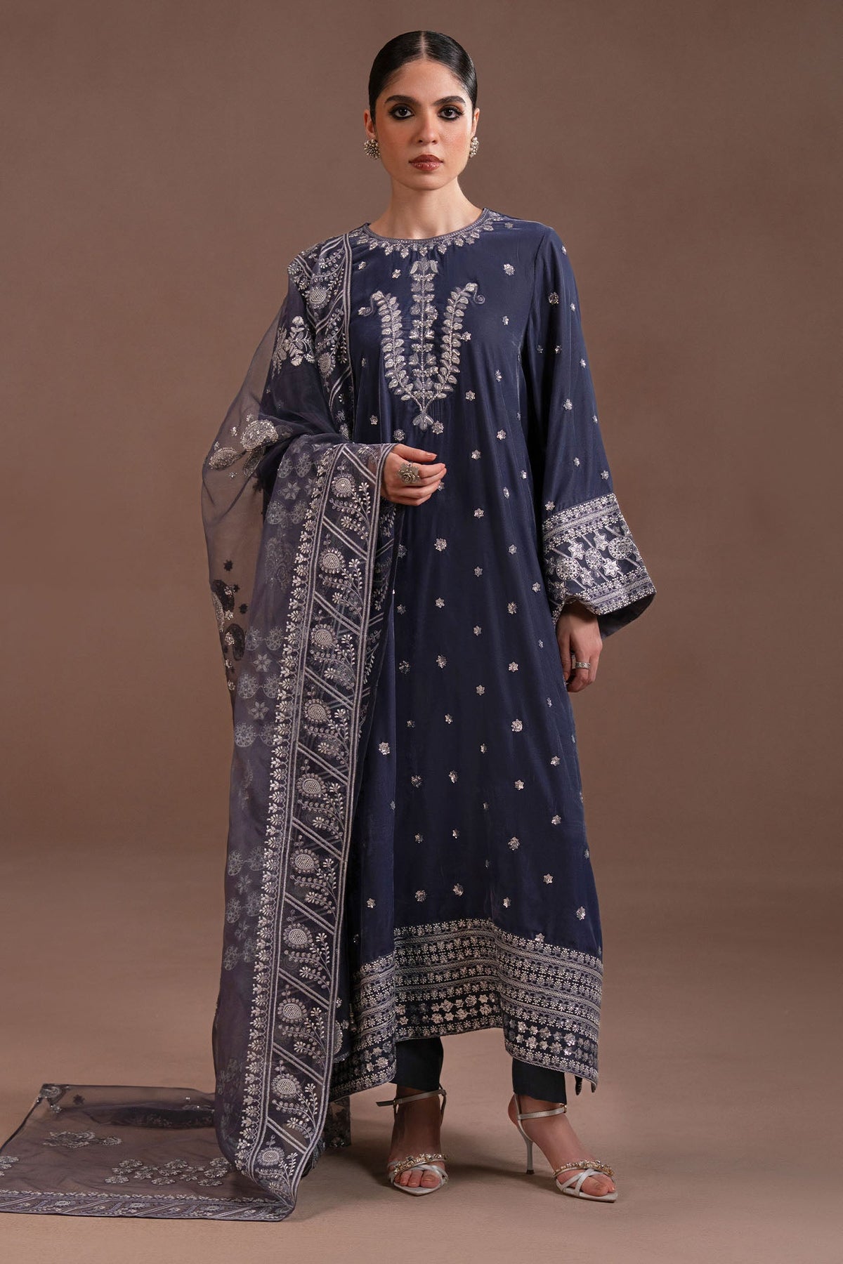 CHARCOAL GRACE- 4PC  VELVET EMBROIDERED SUIT