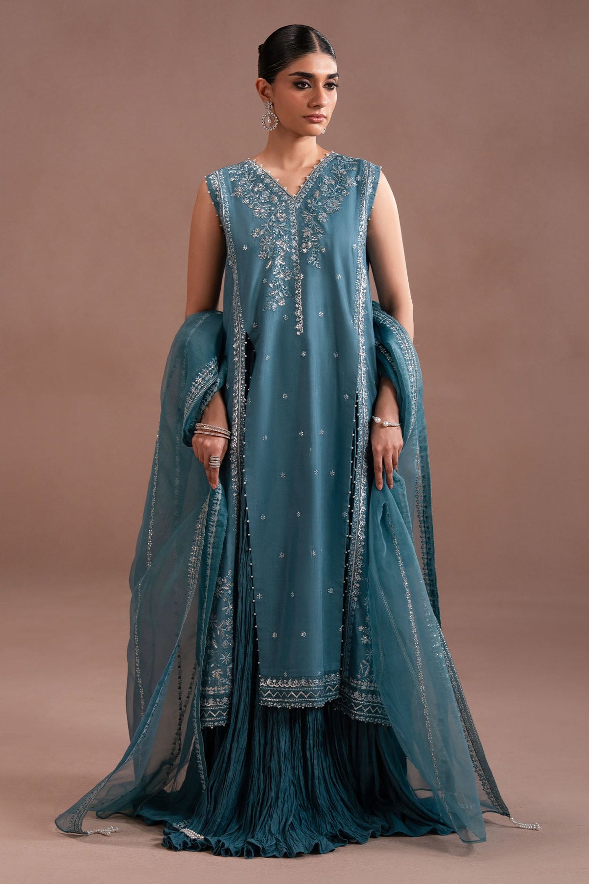 TURQUOISE SHINE-3PC SILK EMBROIDERED SUIT