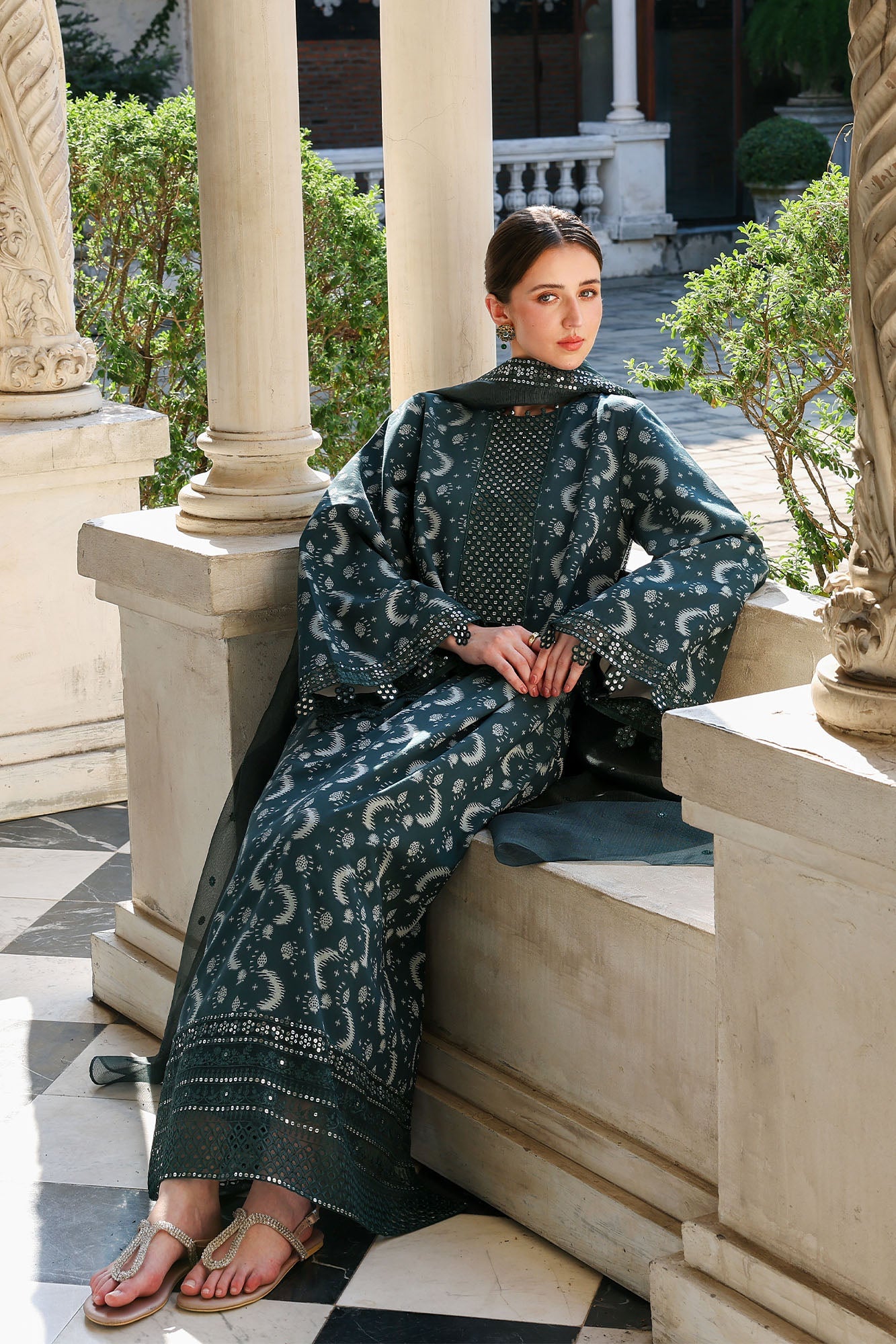 TEAL SPRUCE-3PC EMBROIDERED JACQUARD SUIT