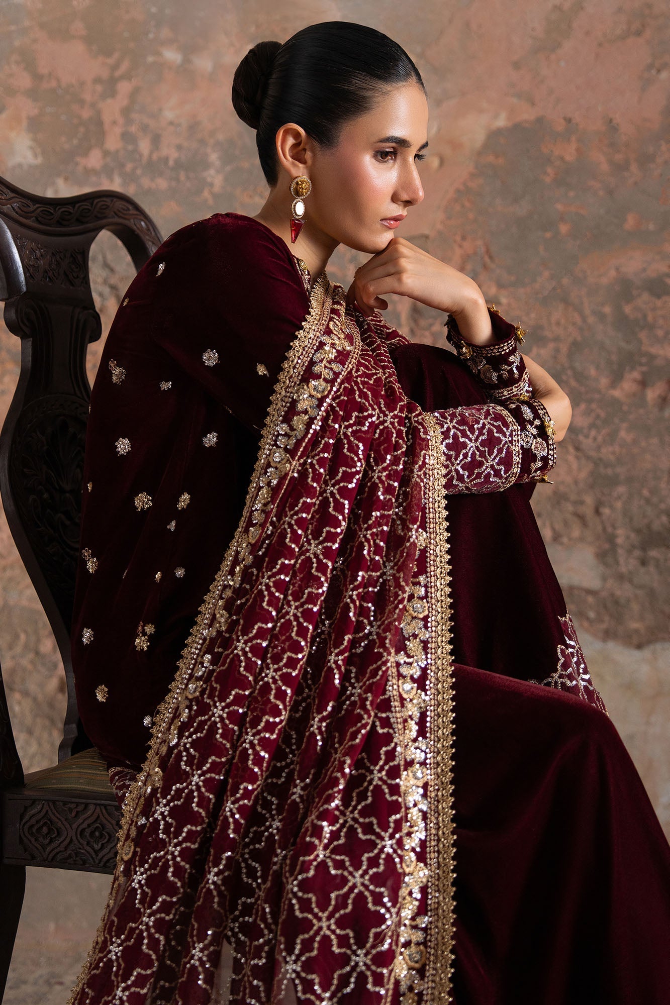 CRIMSON FLARE-3PC VELVET EMBROIDERED SUIT