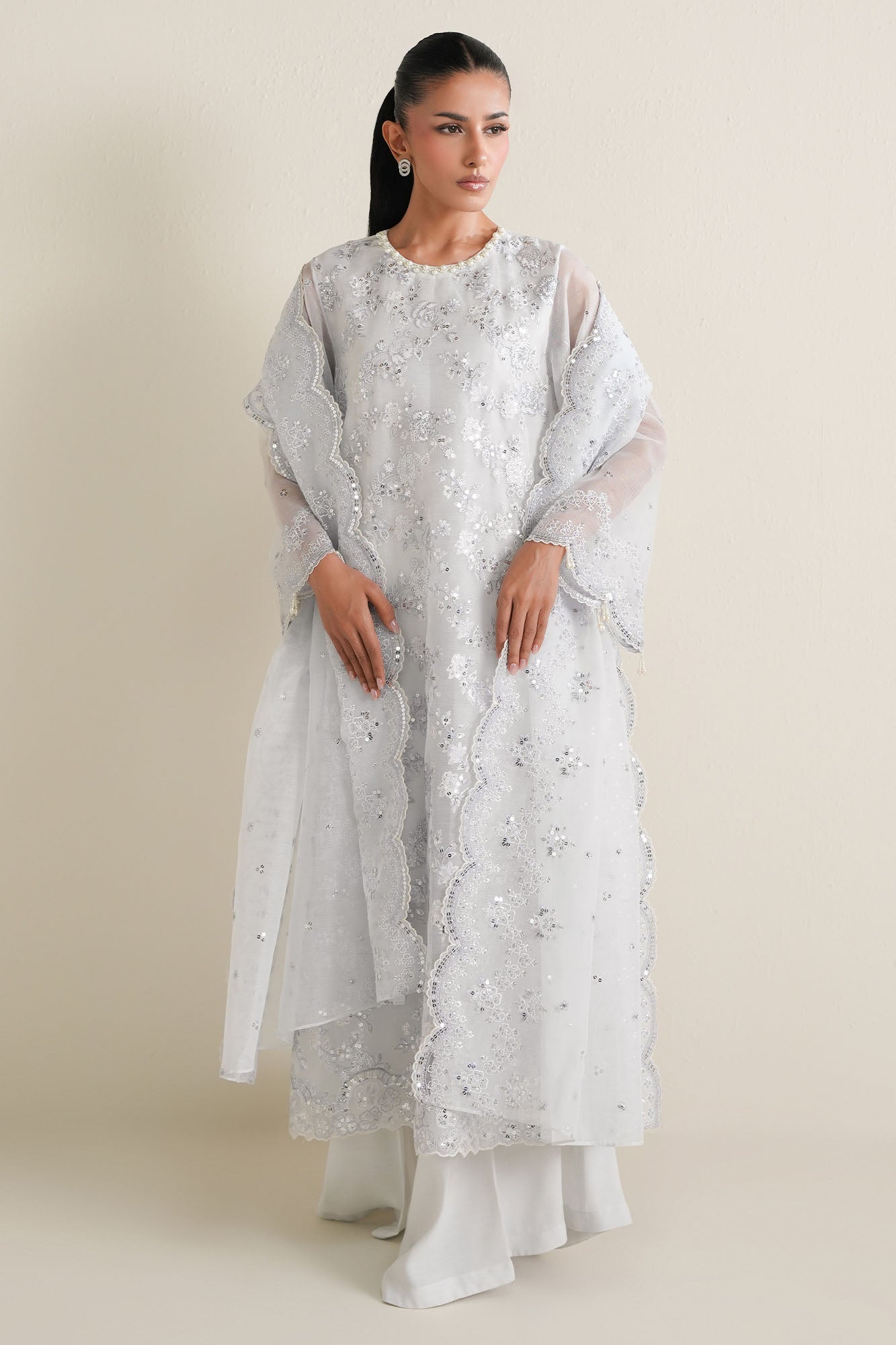 Blue Frost-4Pc Net Embroidered Suit