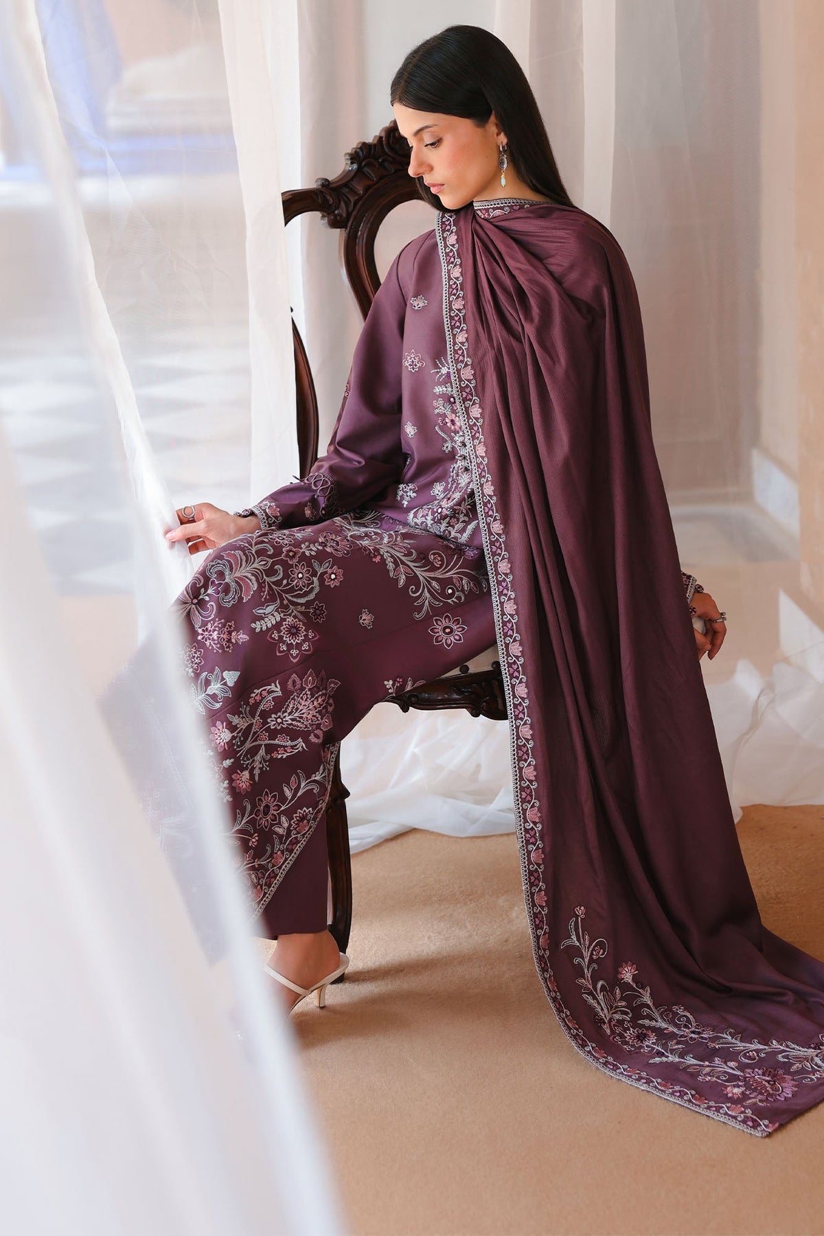 MULBERRY BROWN-3PC SATIN EMBROIDERED SUIT
