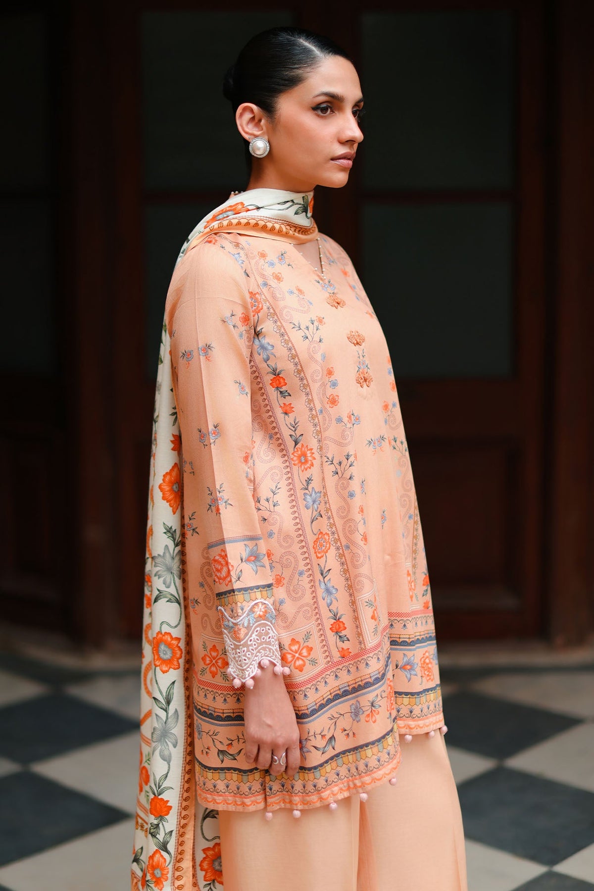 CARMINE GLOW-3PC SATIN PRINTED SUIT