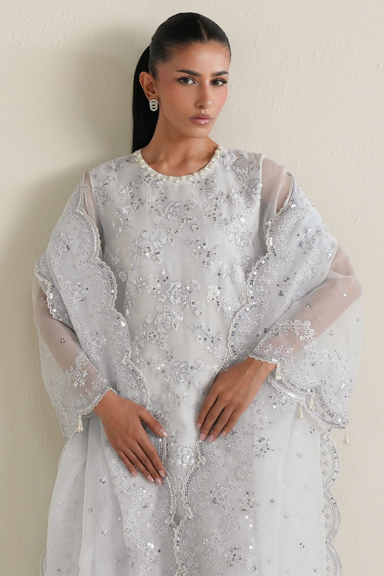 Blue Frost-4Pc Net Embroidered Suit
