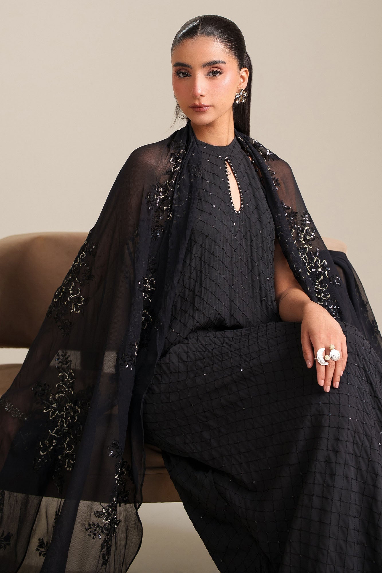 Noir Grace-4Pc Chiffon Embroidered Suit