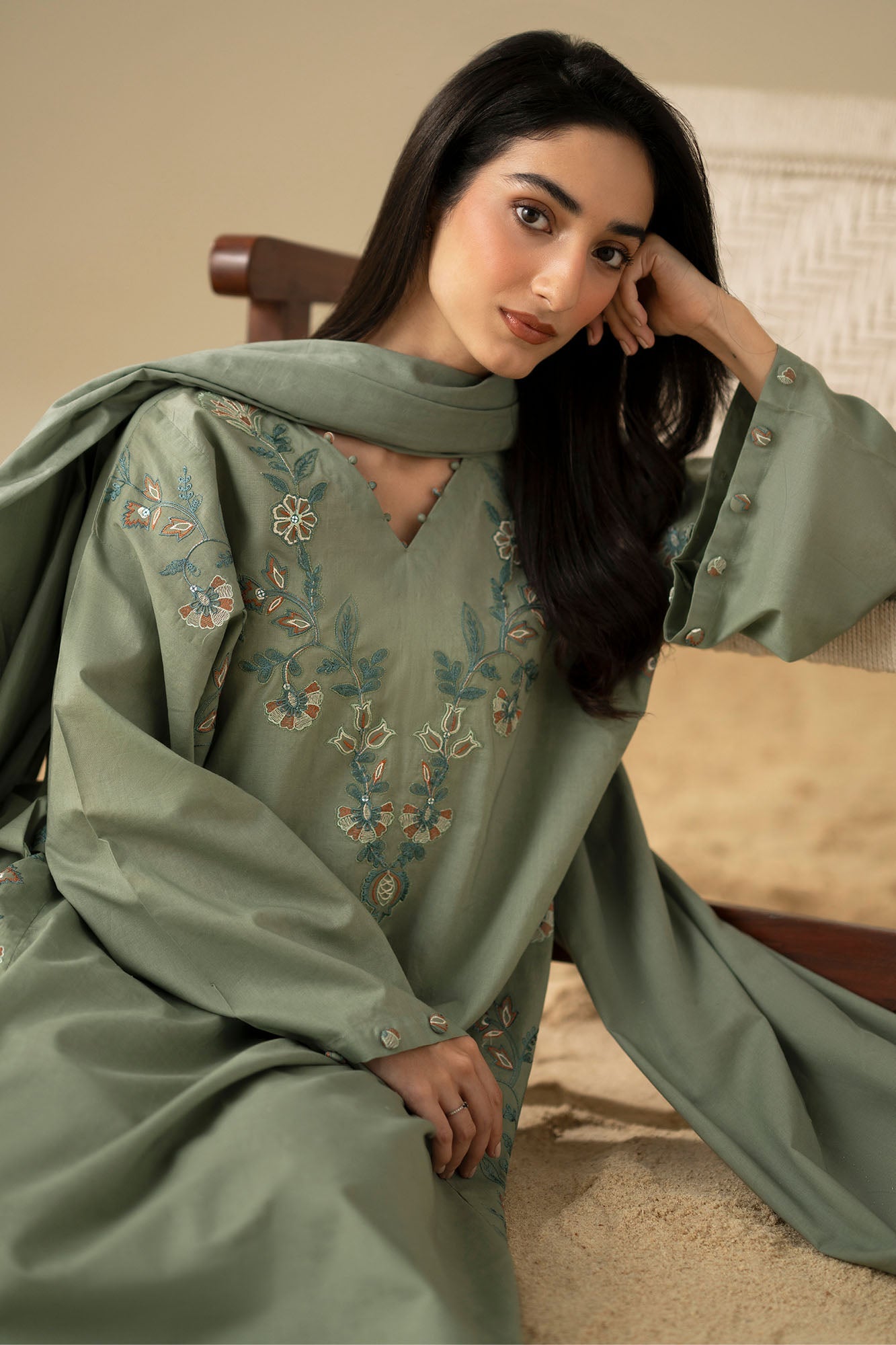 OLIVE DUSK-3PC (SHIRT, TROUSER & DUPATTA)