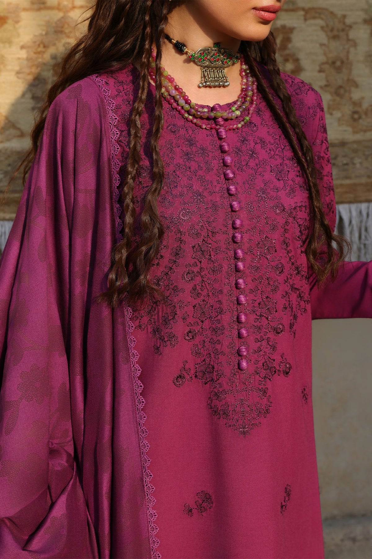 VELVET FUCHSIA-3PC LINEN EMBROIDERED SUIT