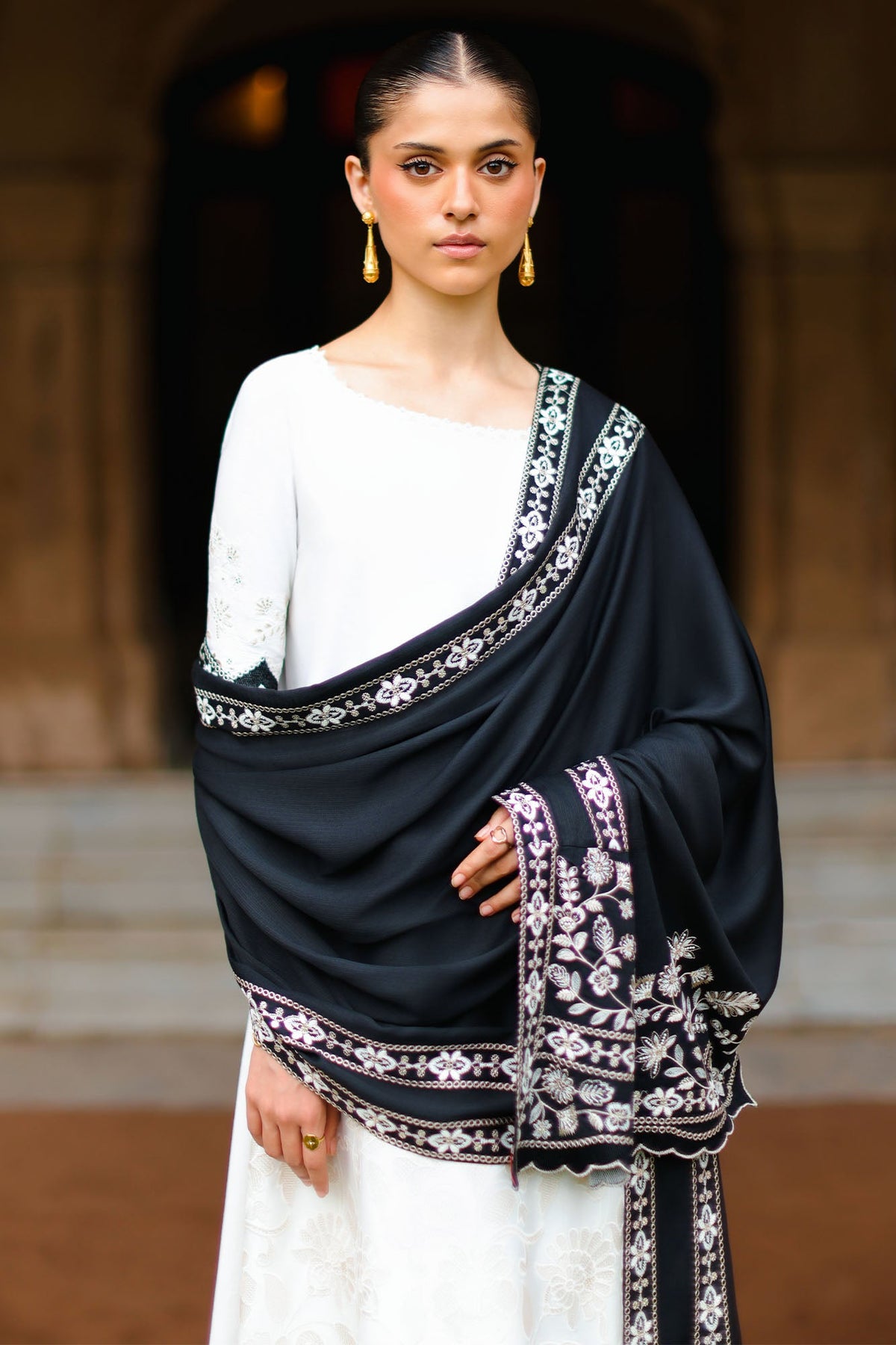 CLOUD CREAM-3PC SATIN EMBROIDERED SUIT
