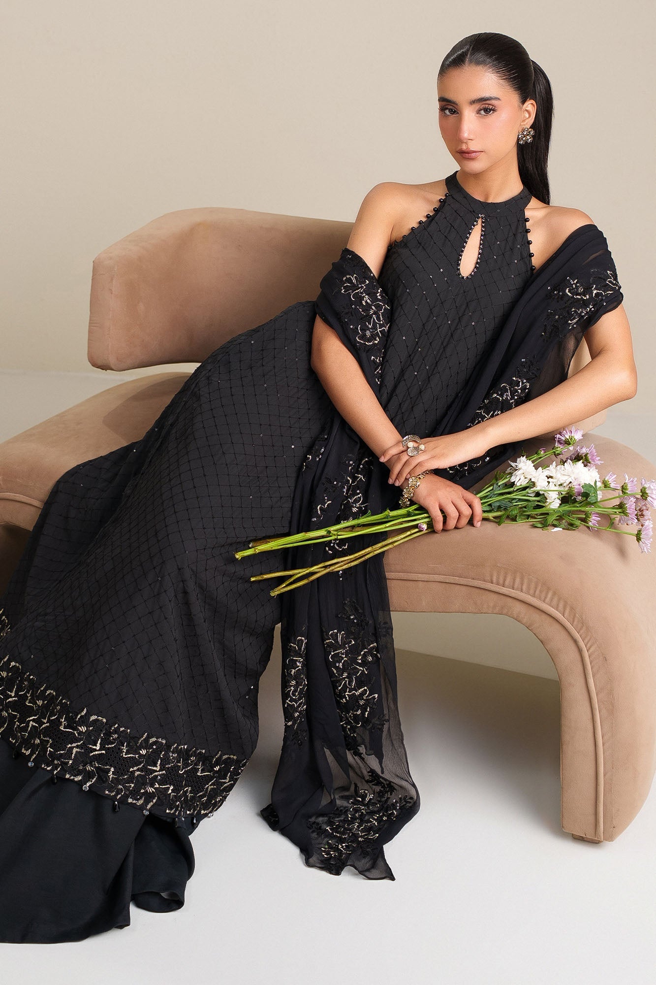 Noir Grace-4Pc Chiffon Embroidered Suit