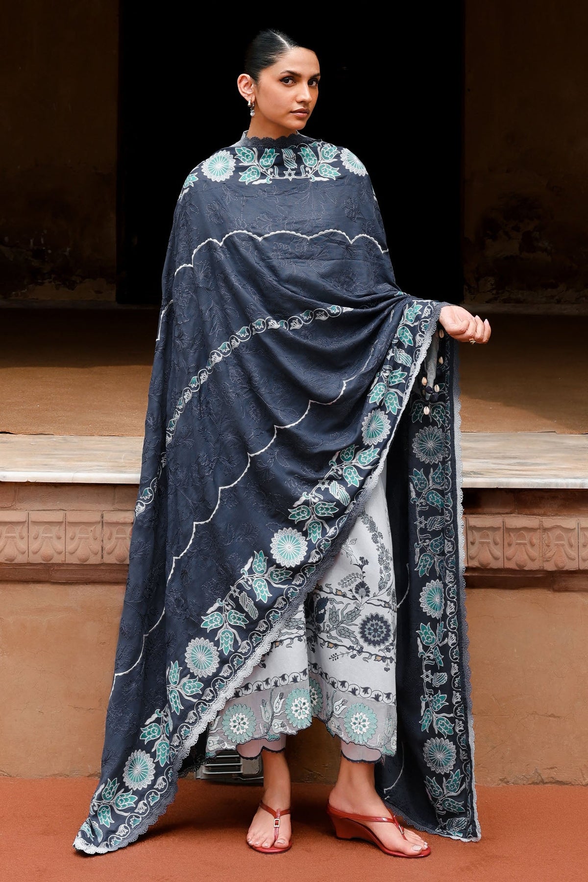ETHNIC AZURE -3PC SATIN PRINTED SUIT