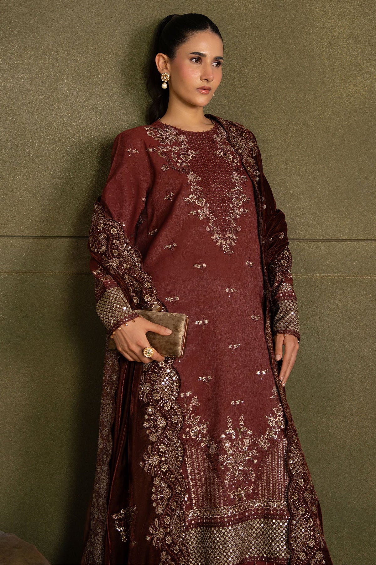 VELVET ROUGE-3PC  FANCY YARN EMBROIDERED SUIT