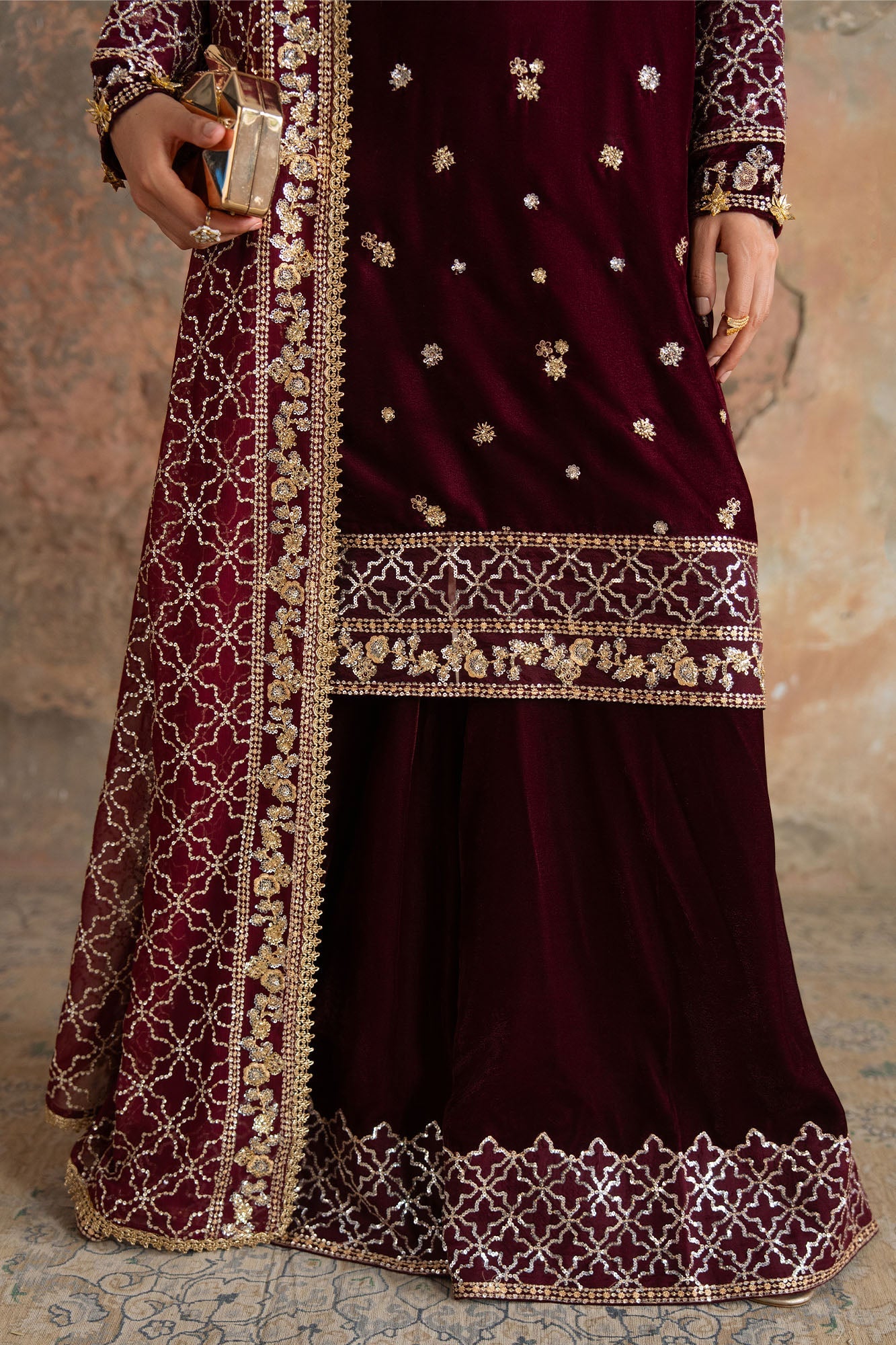 CRIMSON FLARE-3PC VELVET EMBROIDERED SUIT