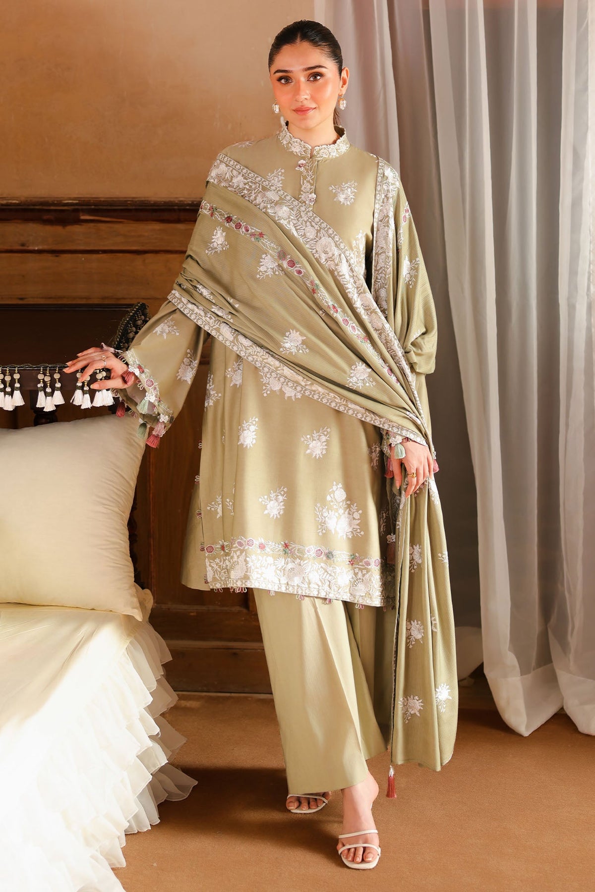 MUTED SAGE-3PC SATIN EMBROIDERED SUIT