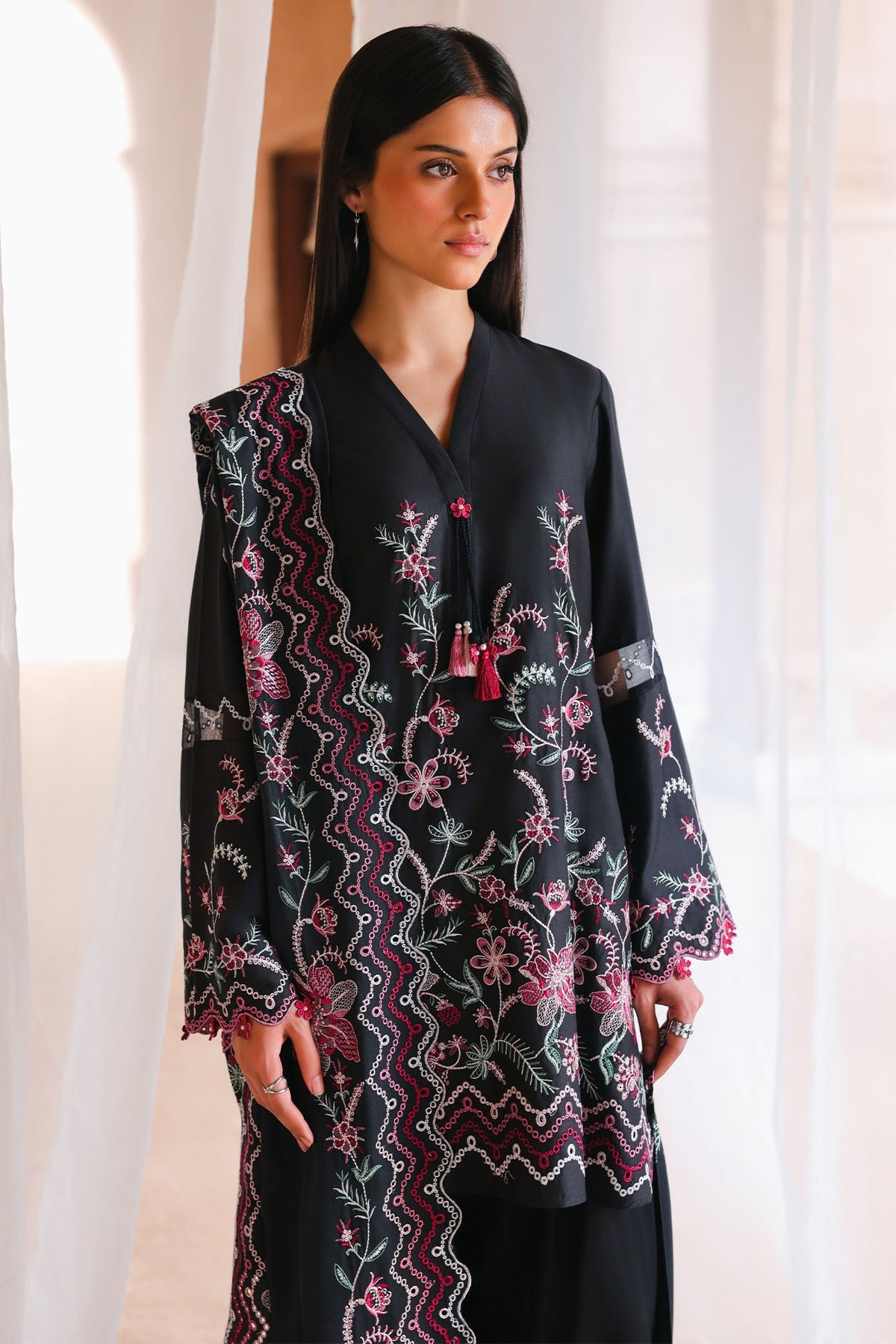 MIDNIGHT FLORA-3PC SATIN EMBROIDERED SUIT