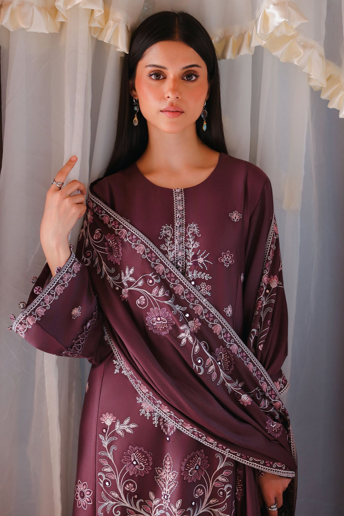 MULBERRY BROWN-3PC SATIN EMBROIDERED SUIT
