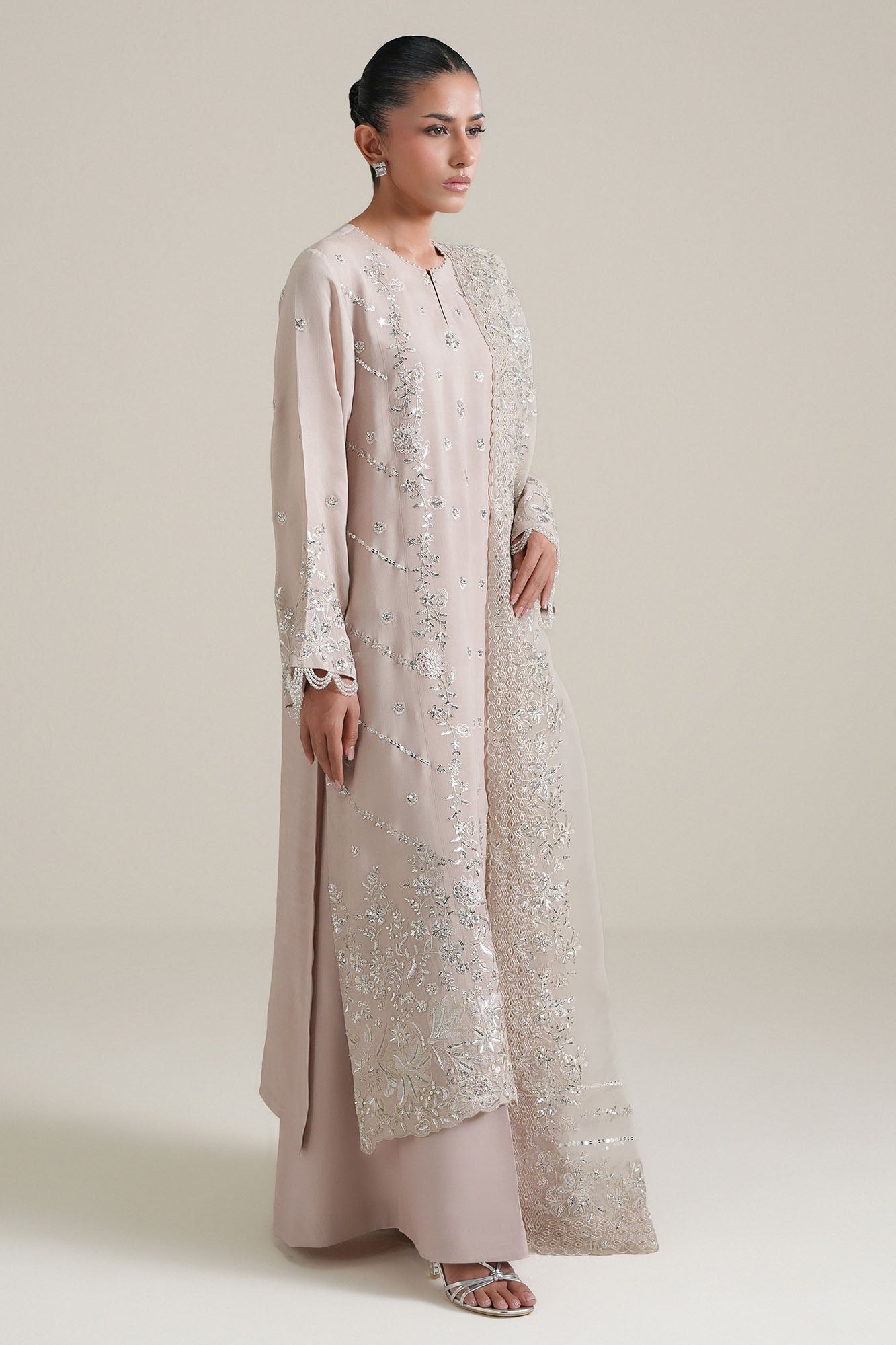 Misty Ash -3Pc Silk Embroidered Suit