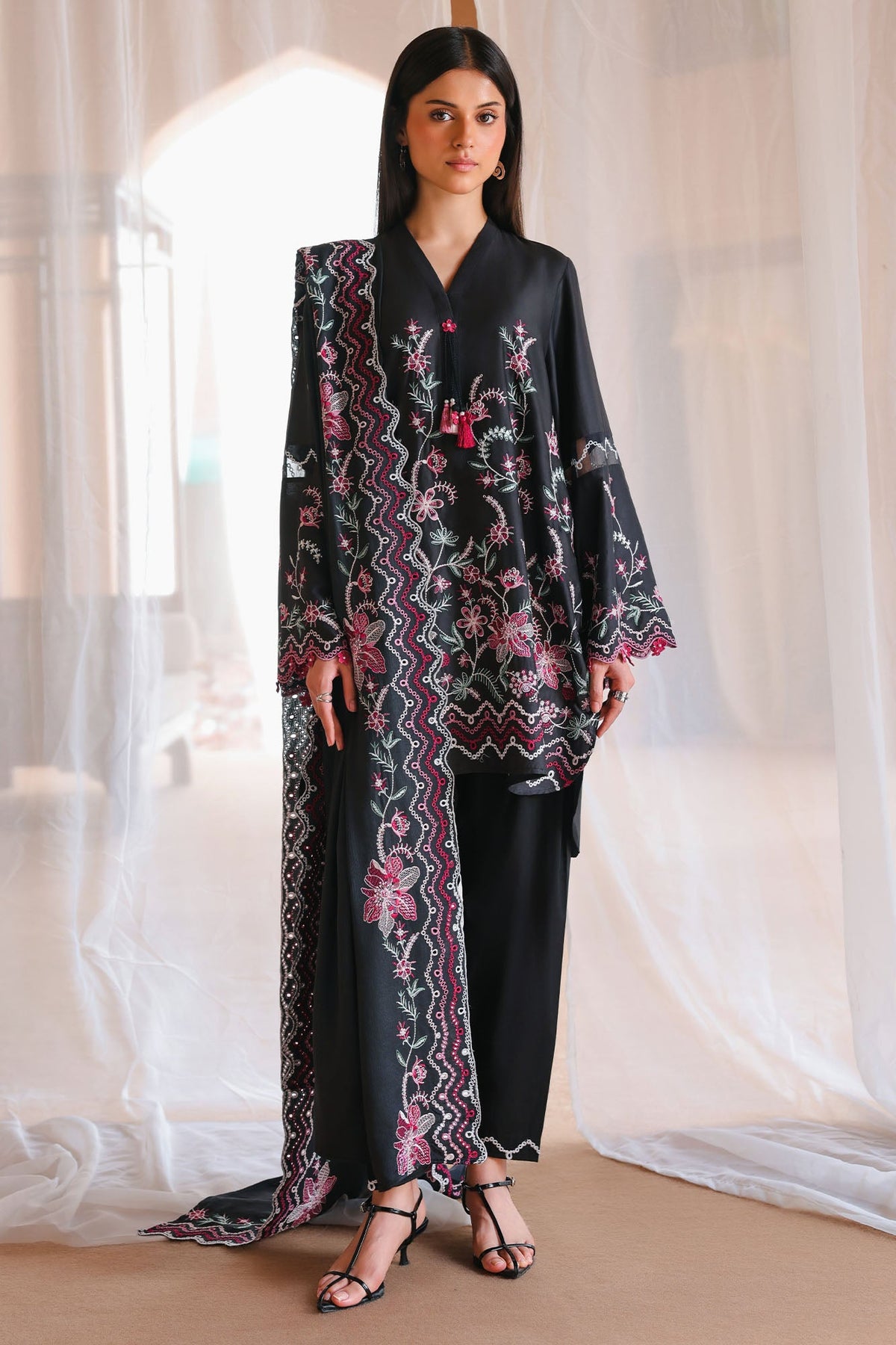 MIDNIGHT FLORA-3PC SATIN EMBROIDERED SUIT