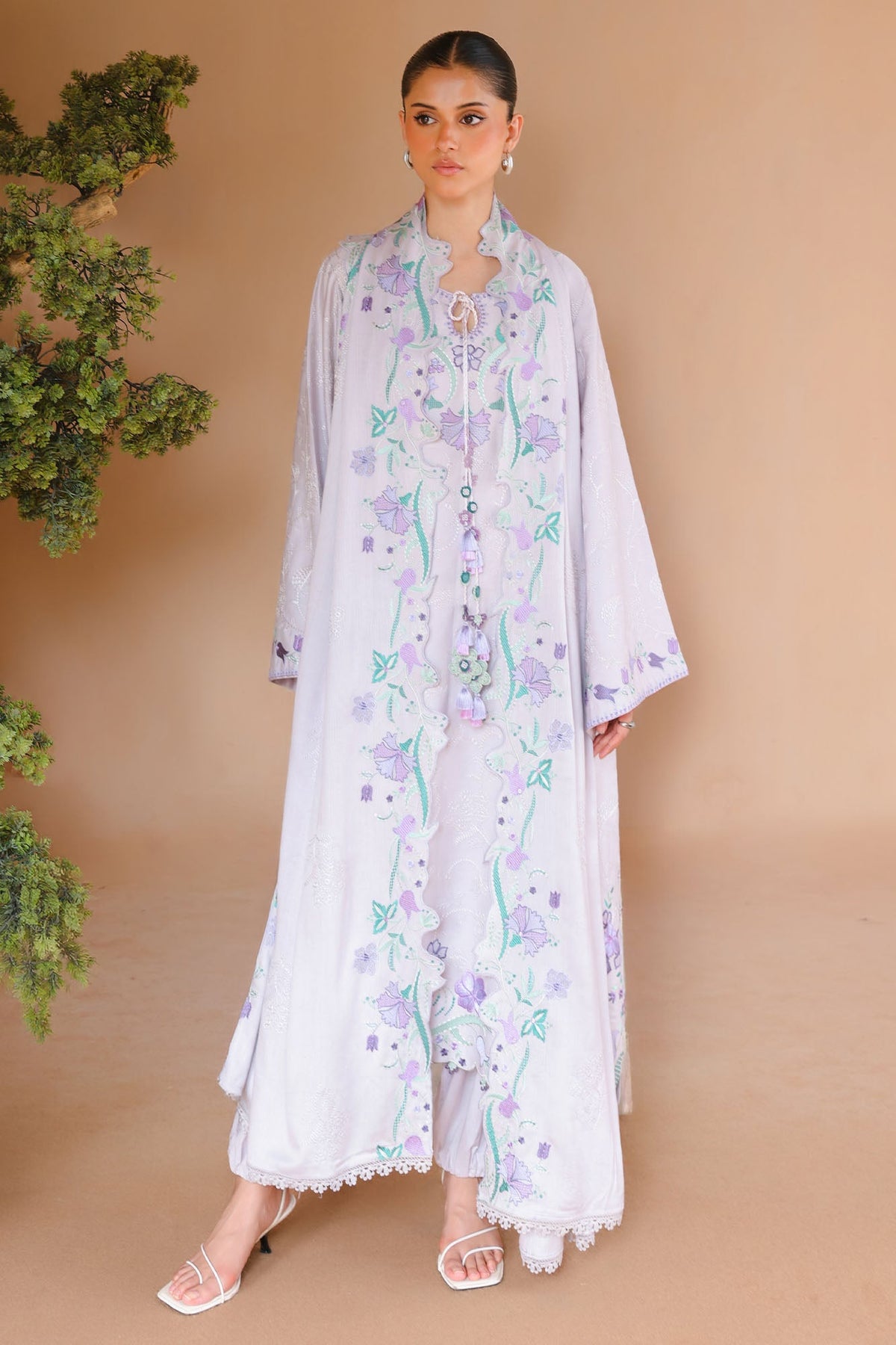 MAUVE TINT-3PC SATIN EMBROIDERED SUIT