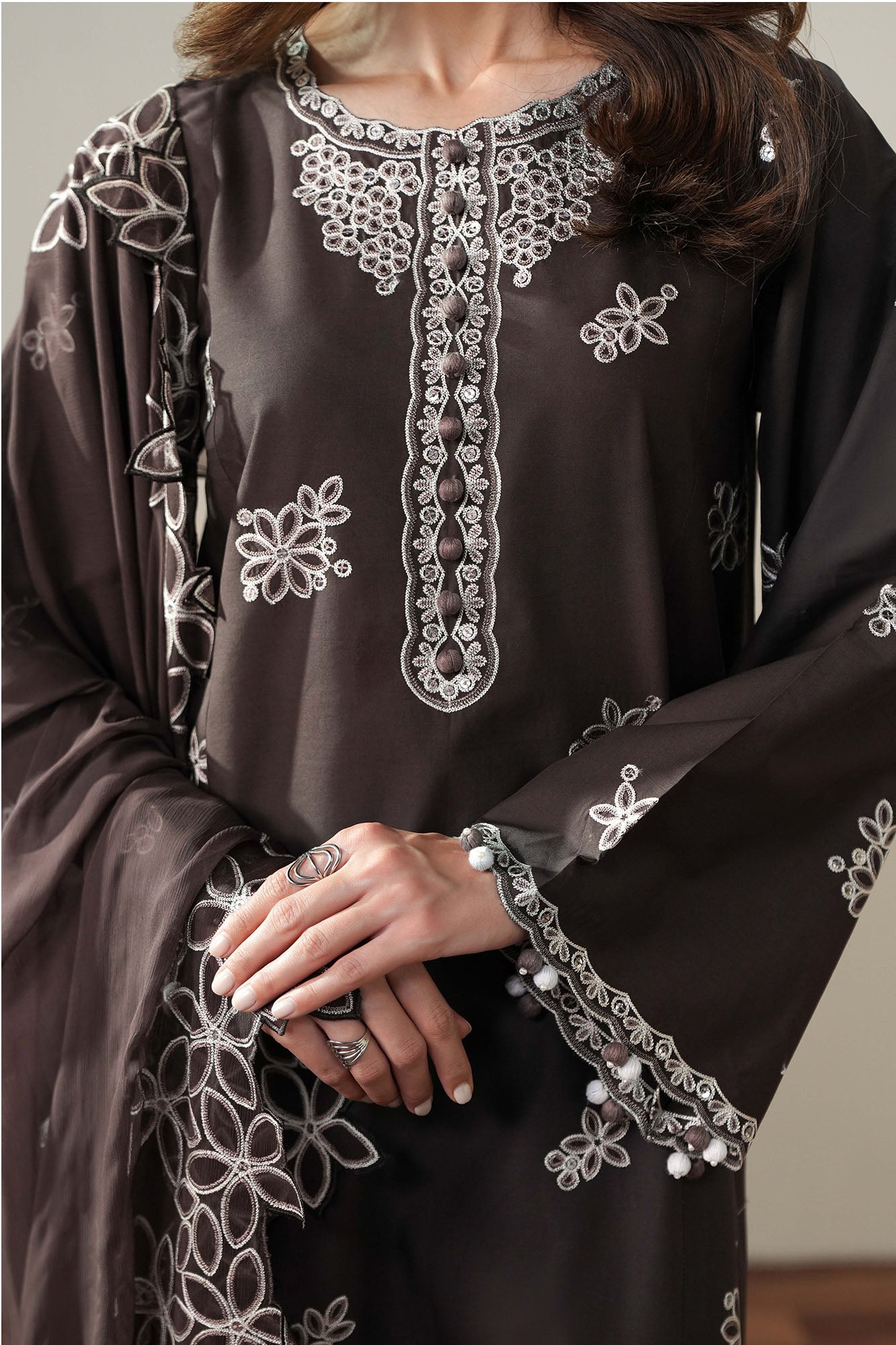 SEAL BROWN-3PC EMBROIDERED SUIT