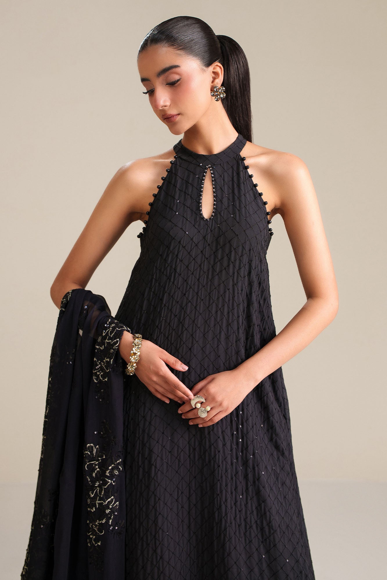 Noir Grace-4Pc Chiffon Embroidered Suit