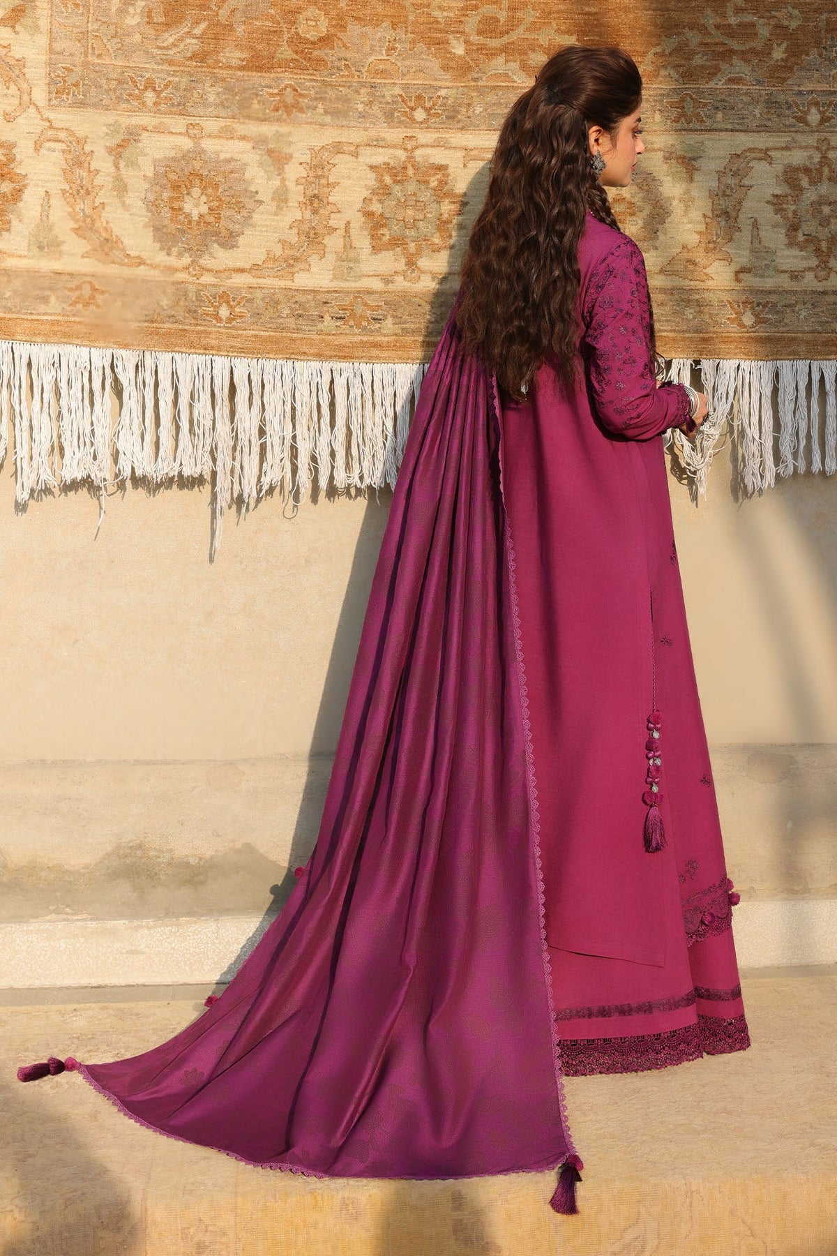 VELVET FUCHSIA-3PC LINEN EMBROIDERED SUIT