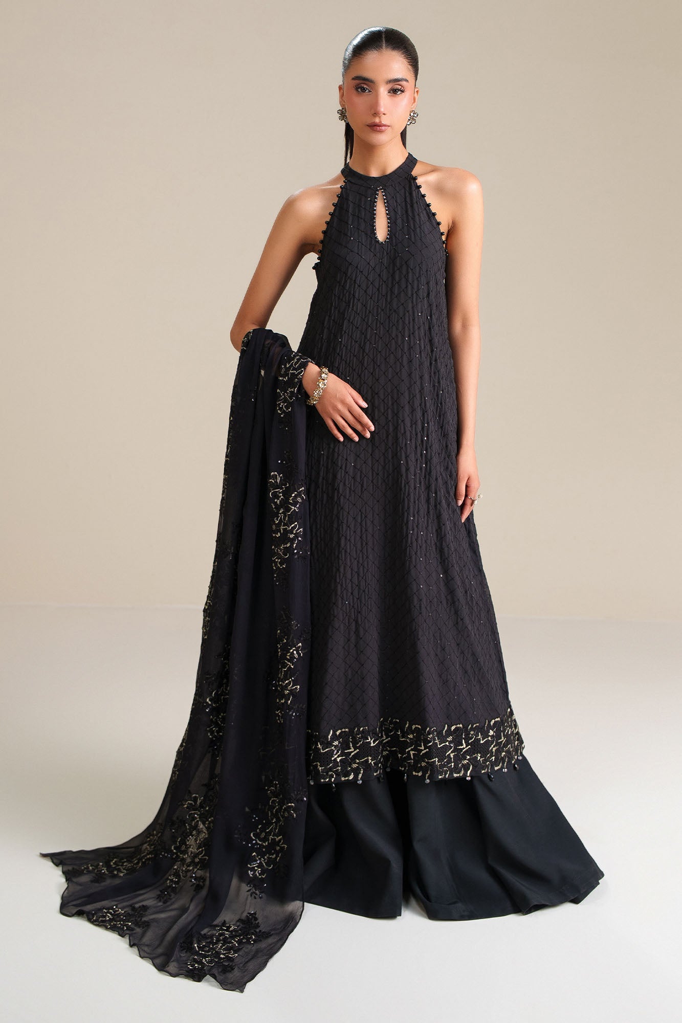 Noir Grace-4Pc Chiffon Embroidered Suit